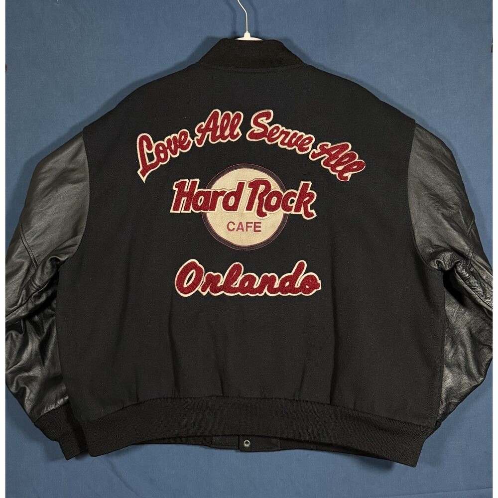 Vintage 90’s Hard Rock Cafe Orlando Florida Leather Wool Varsity Jacket Size XL